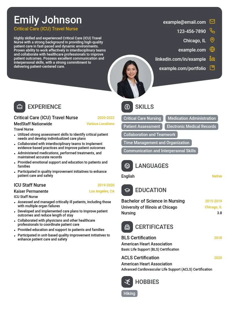 Critical Care (ICU) Travel Nurse resume example