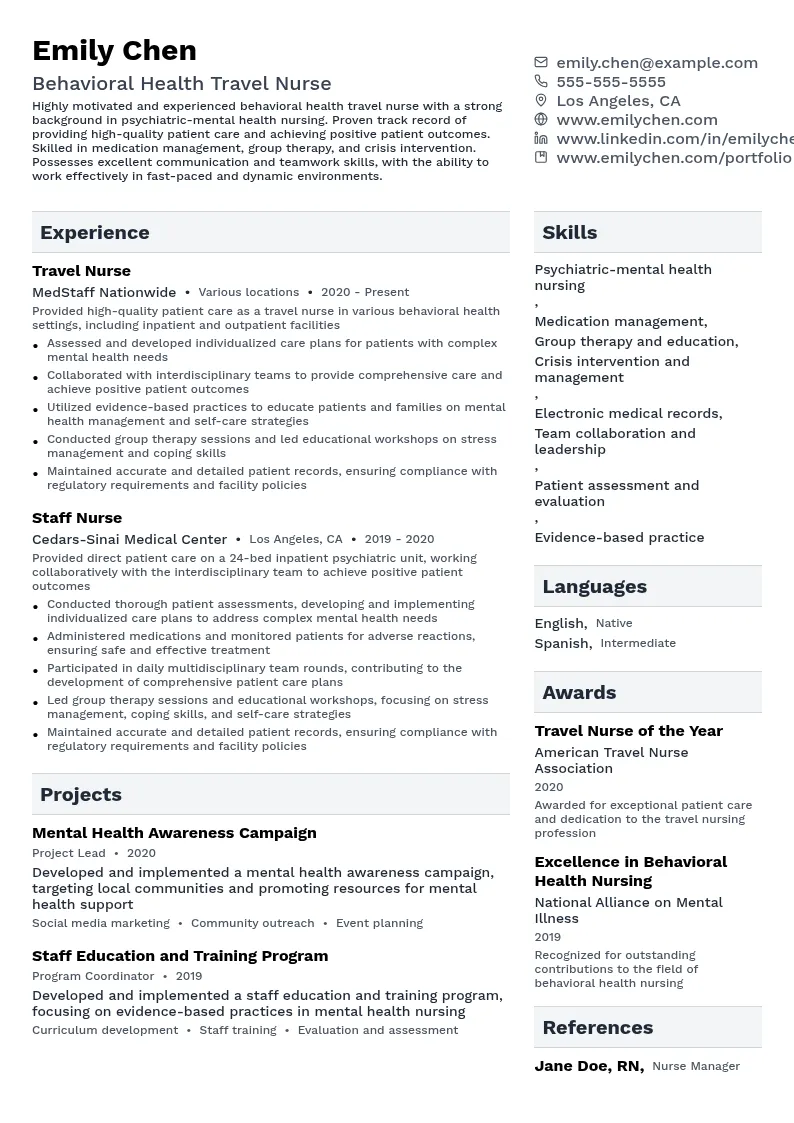 Behavioral Health (BH) Travel Nurse resume example