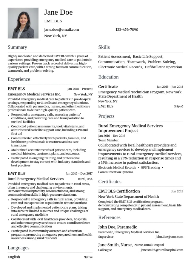 EMT BLS resume example