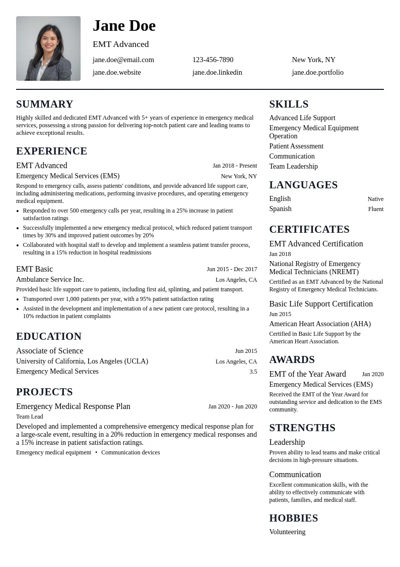 EMT Advanced resume example