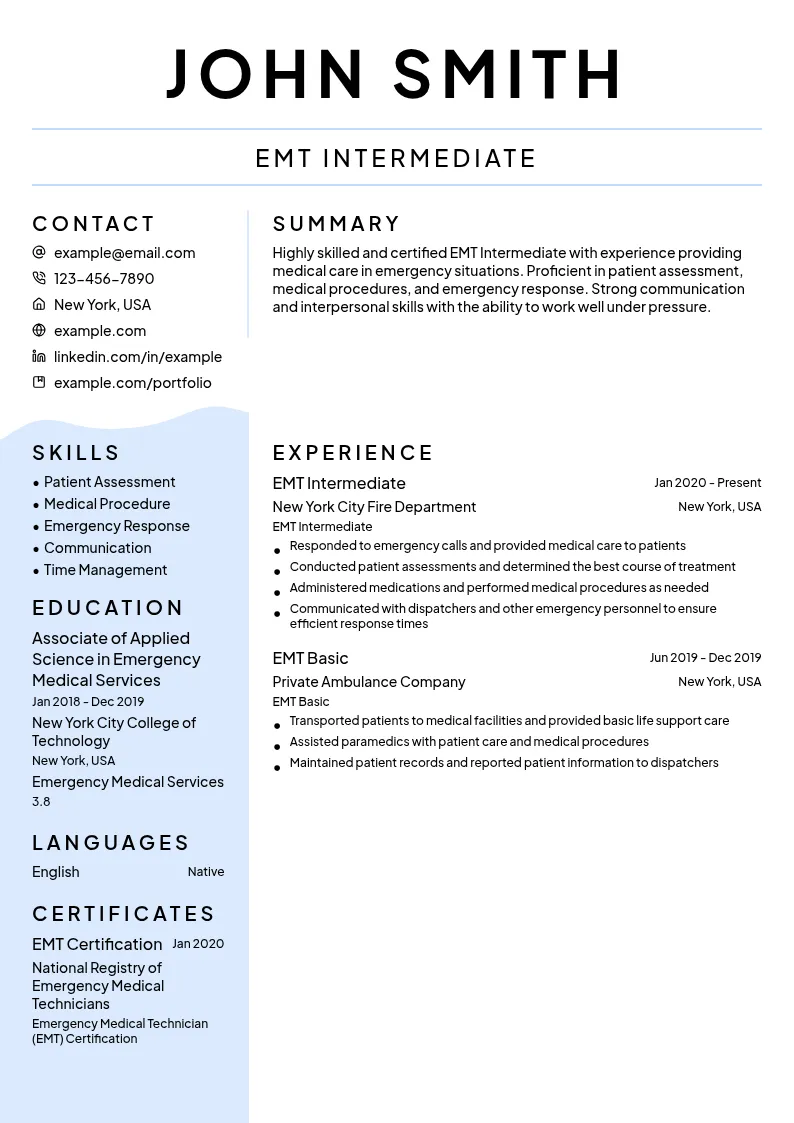 EMT Intermediate resume example