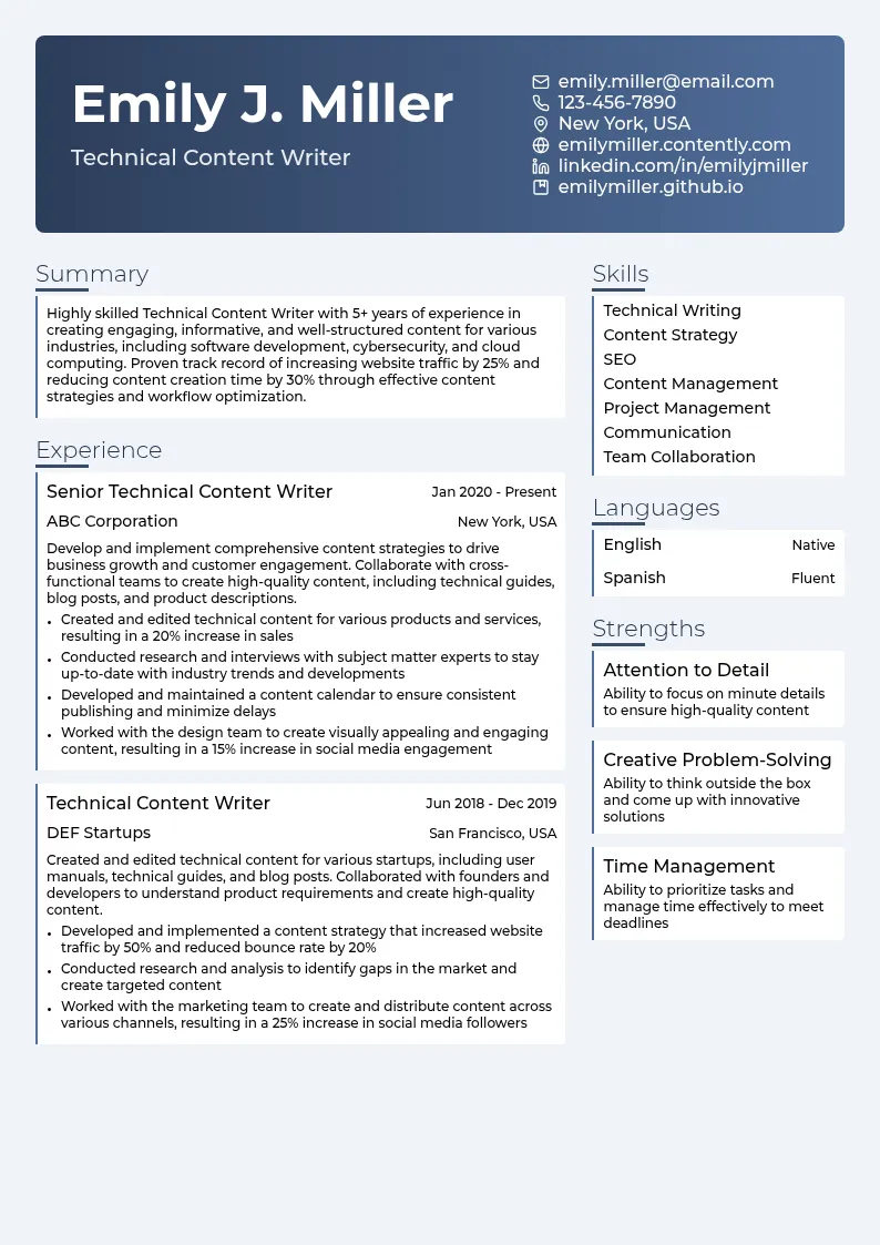 Technical Content Writer resume example