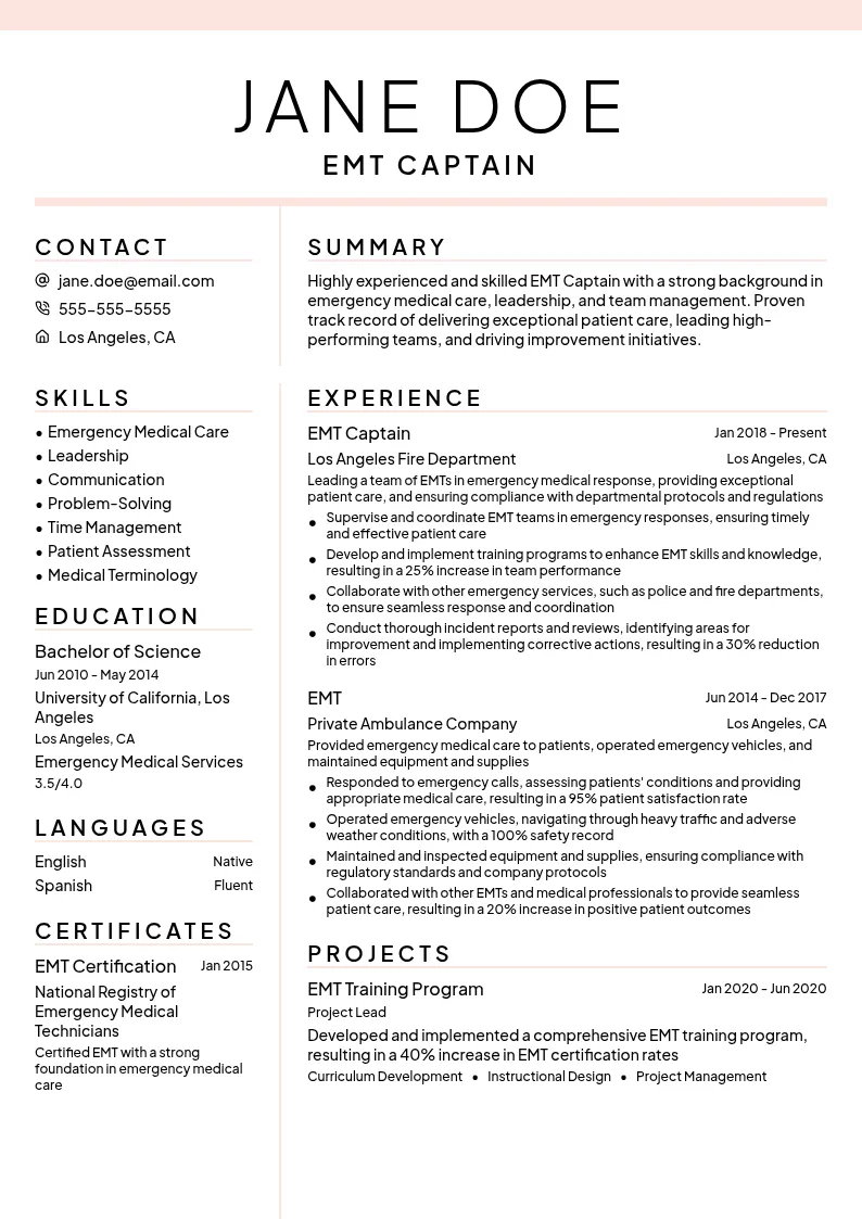 EMT Captain resume example