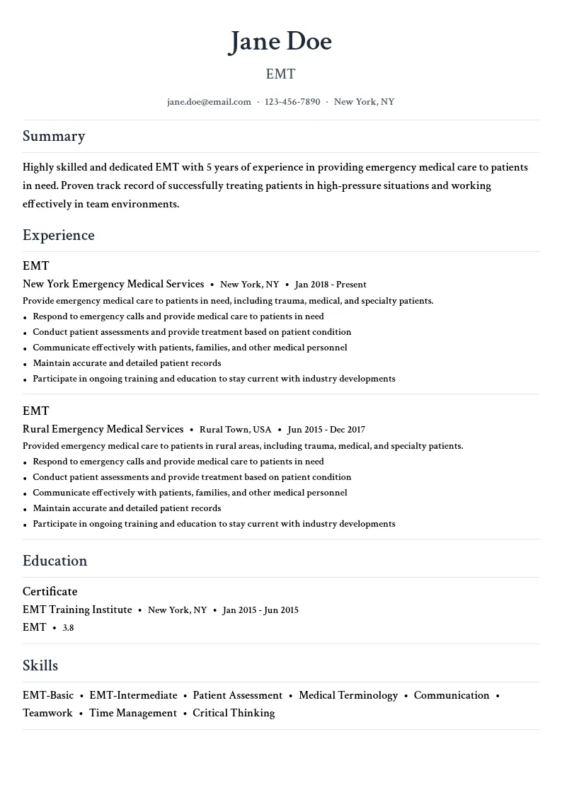 EMT resume example