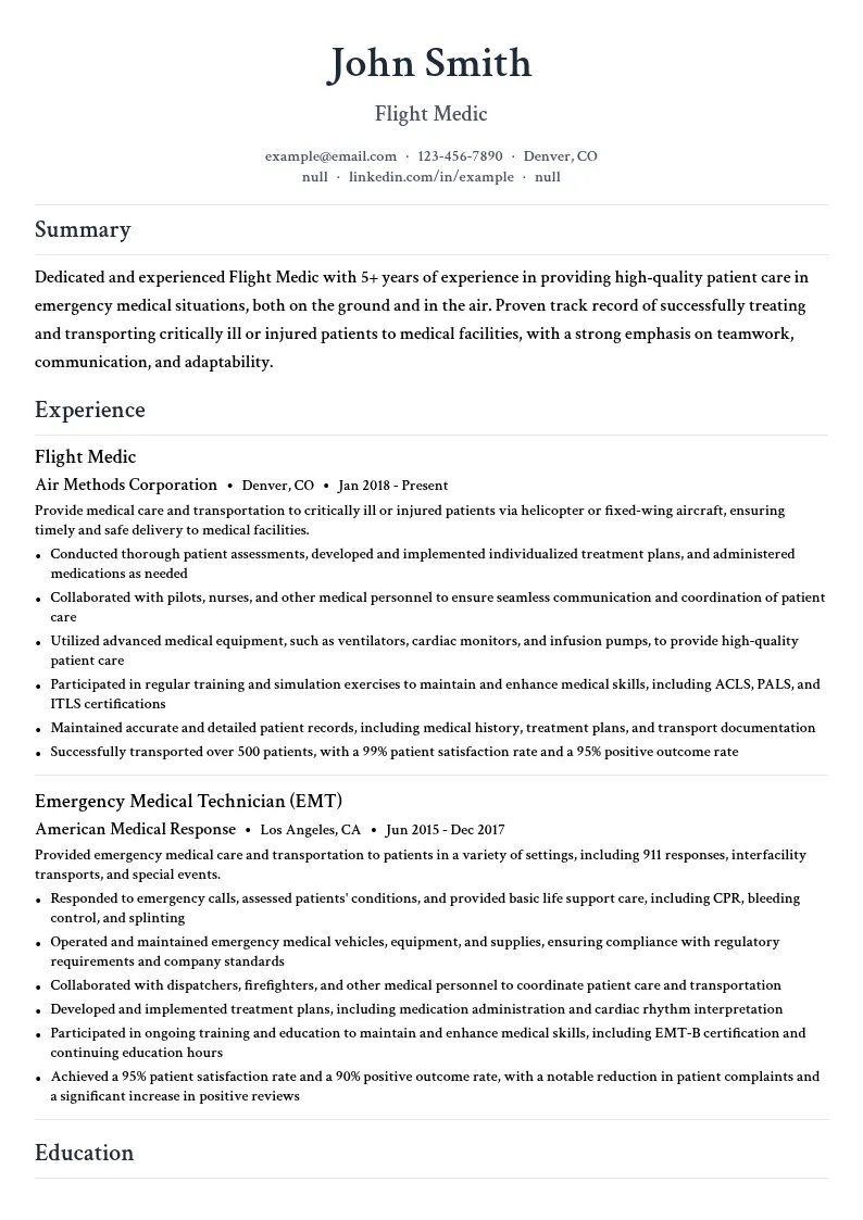Flight Medics resume example
