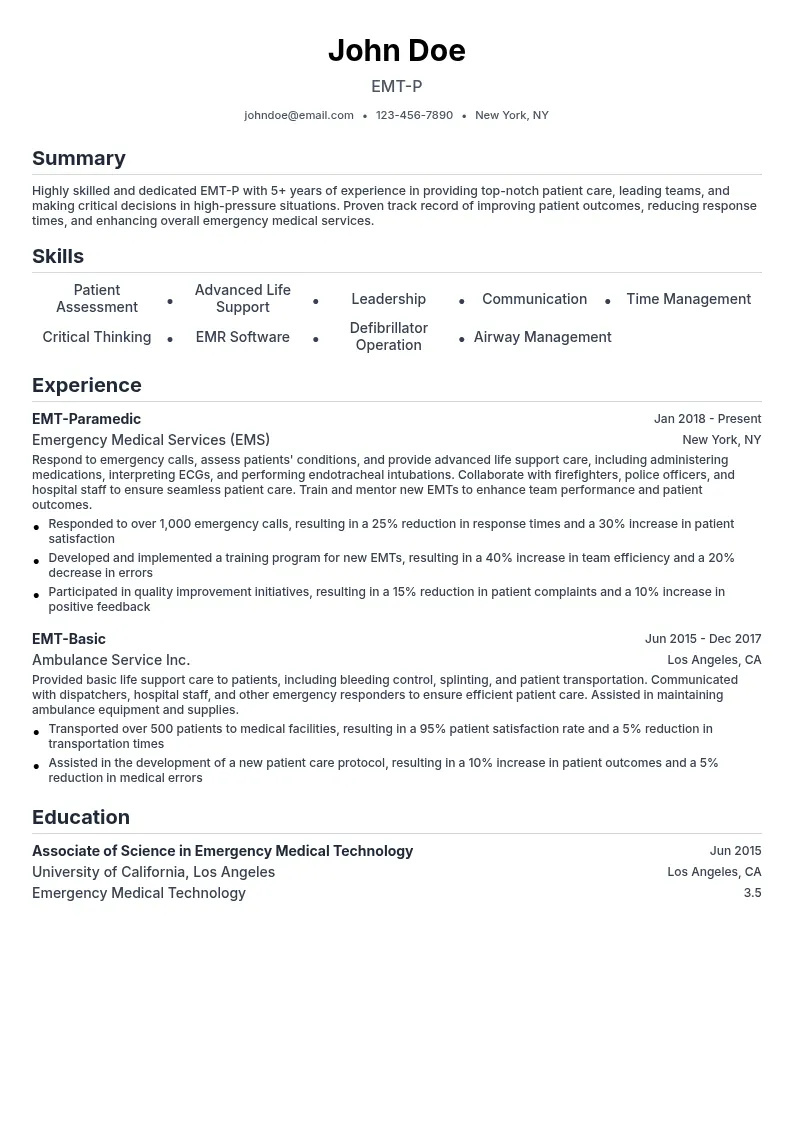 EMT-P resume example