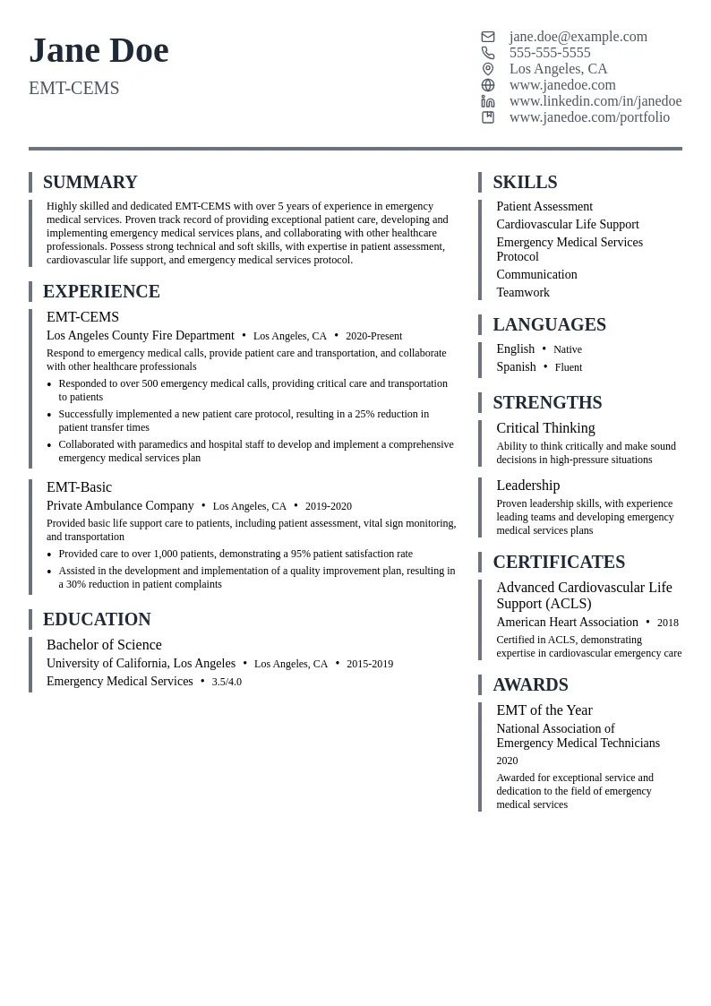 EMT-CEMs resume example