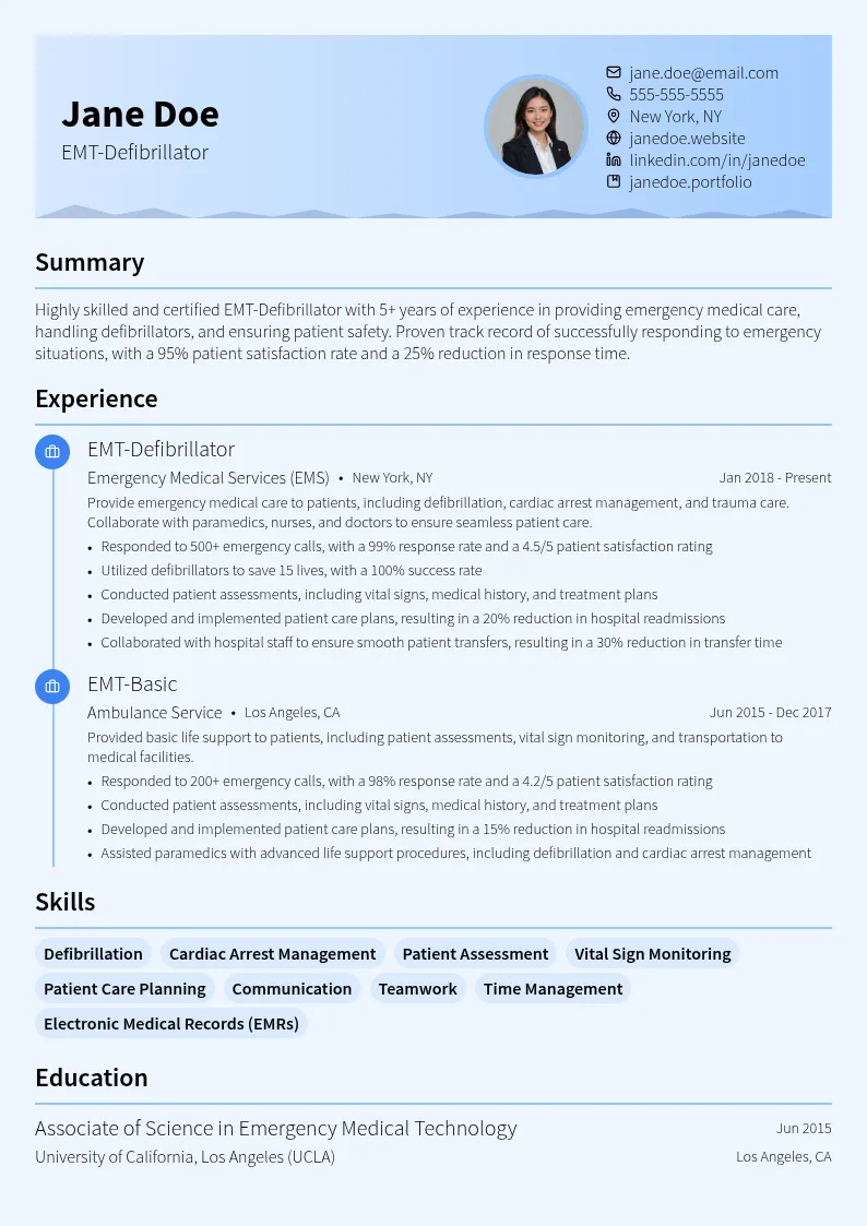 EMT-Defibrillator resume example