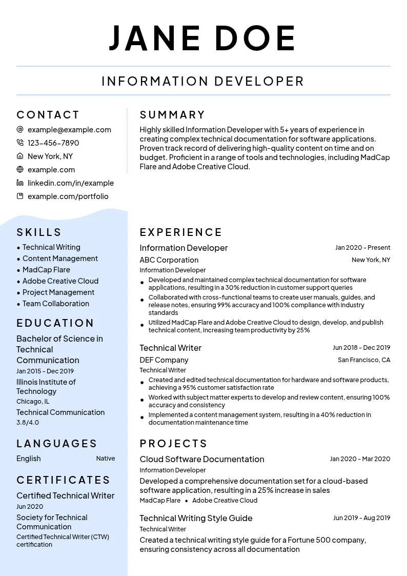 Information Developer resume example
