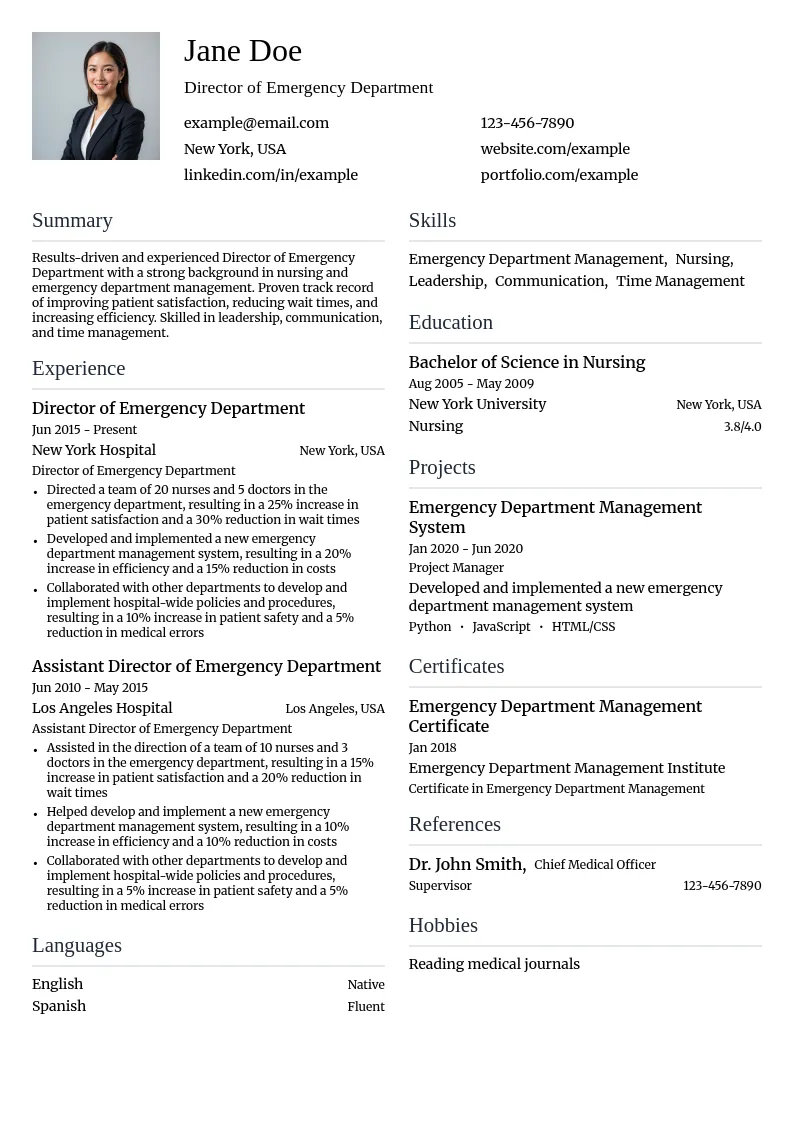 Director of Emergency Department resume example