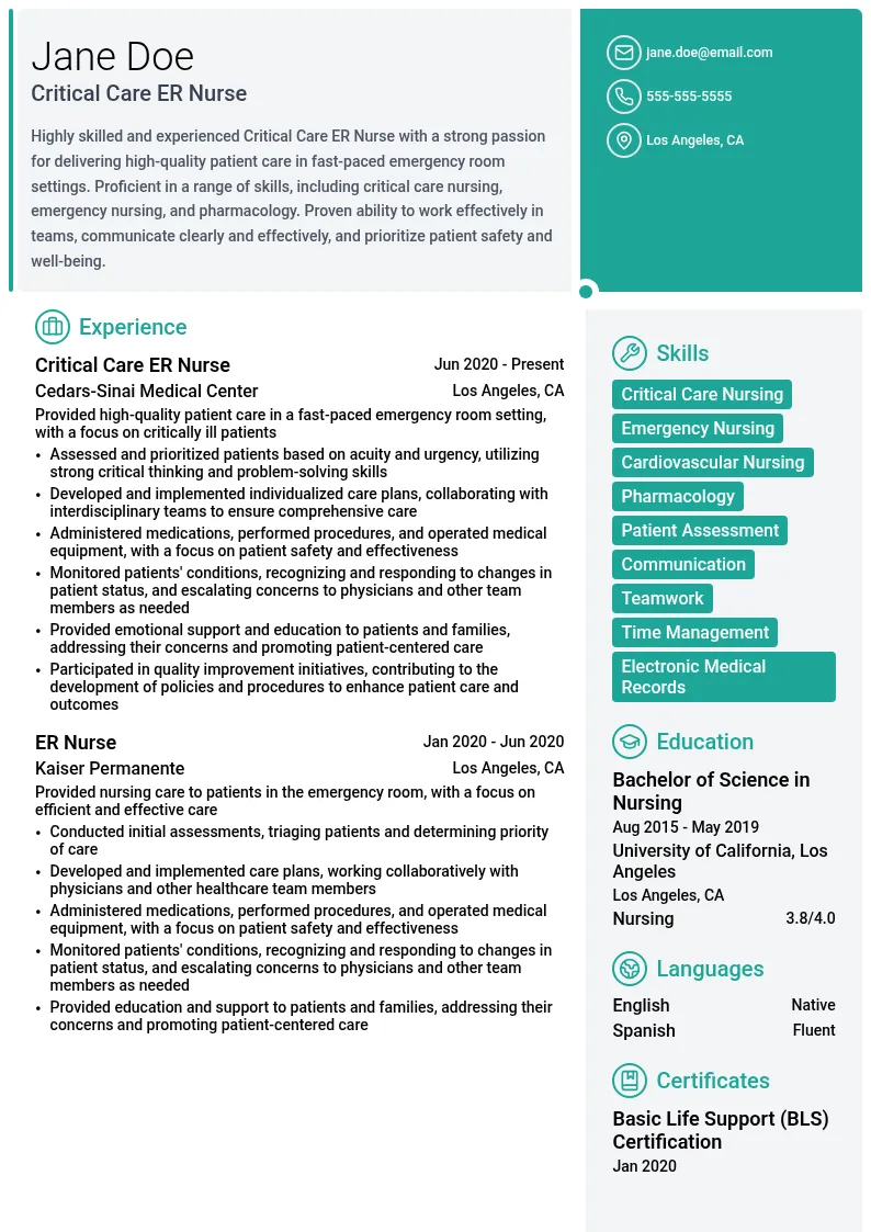 Critical Care ER Nurse resume example