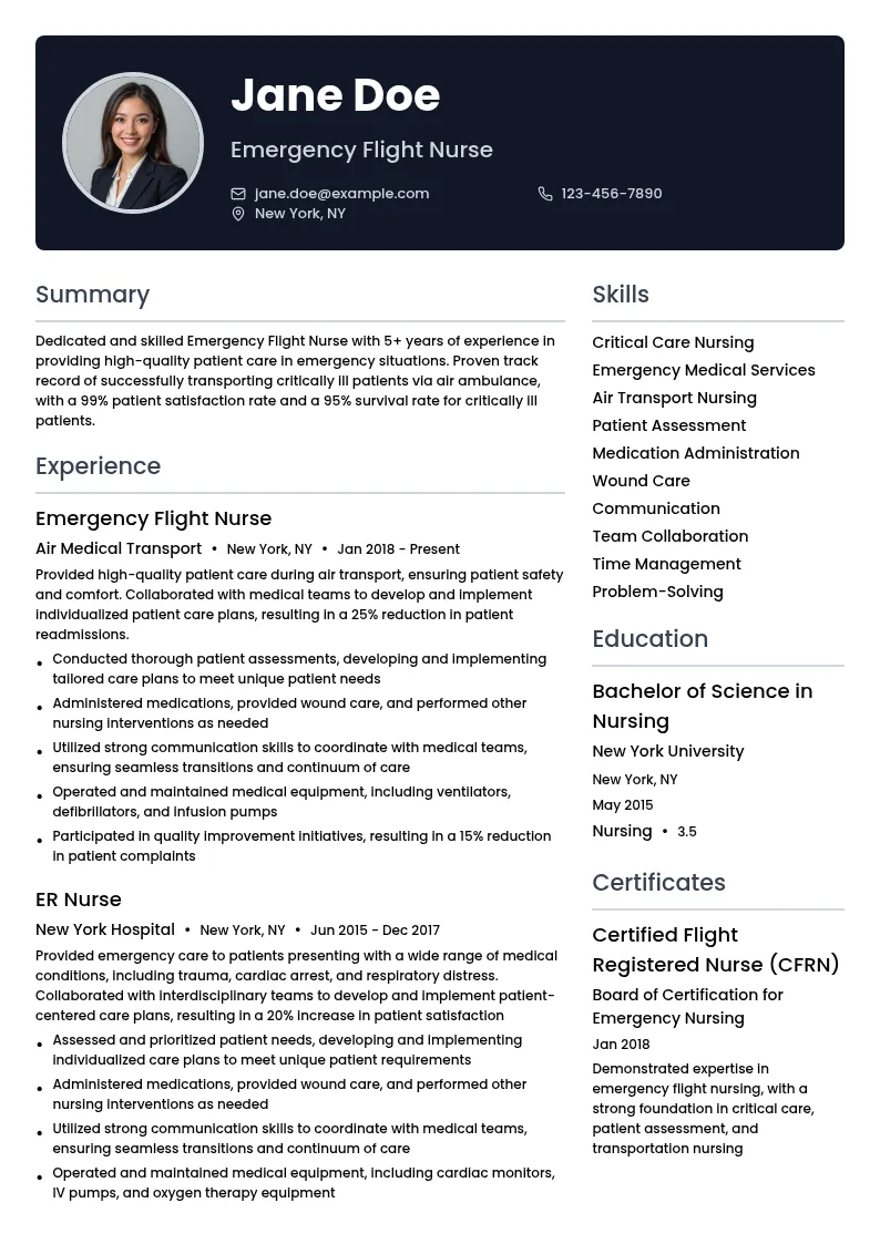 Emergency Flight Nurse resume example