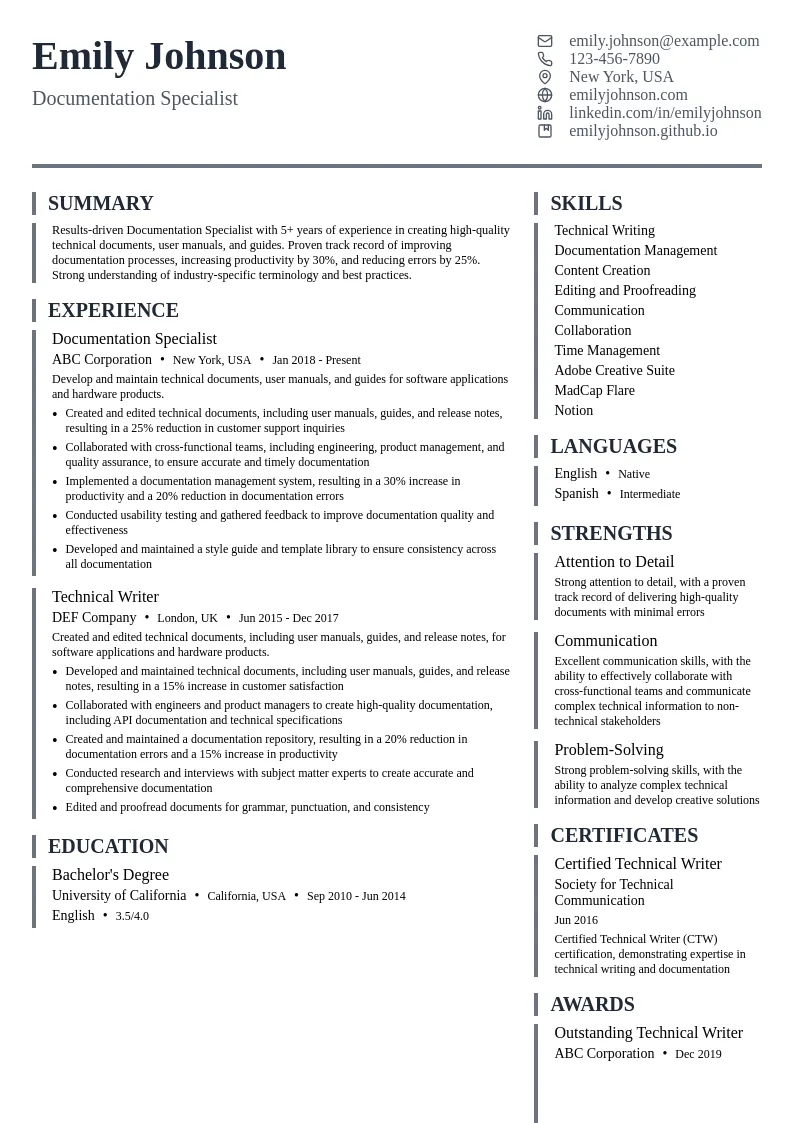 Documentation Specialist resume example
