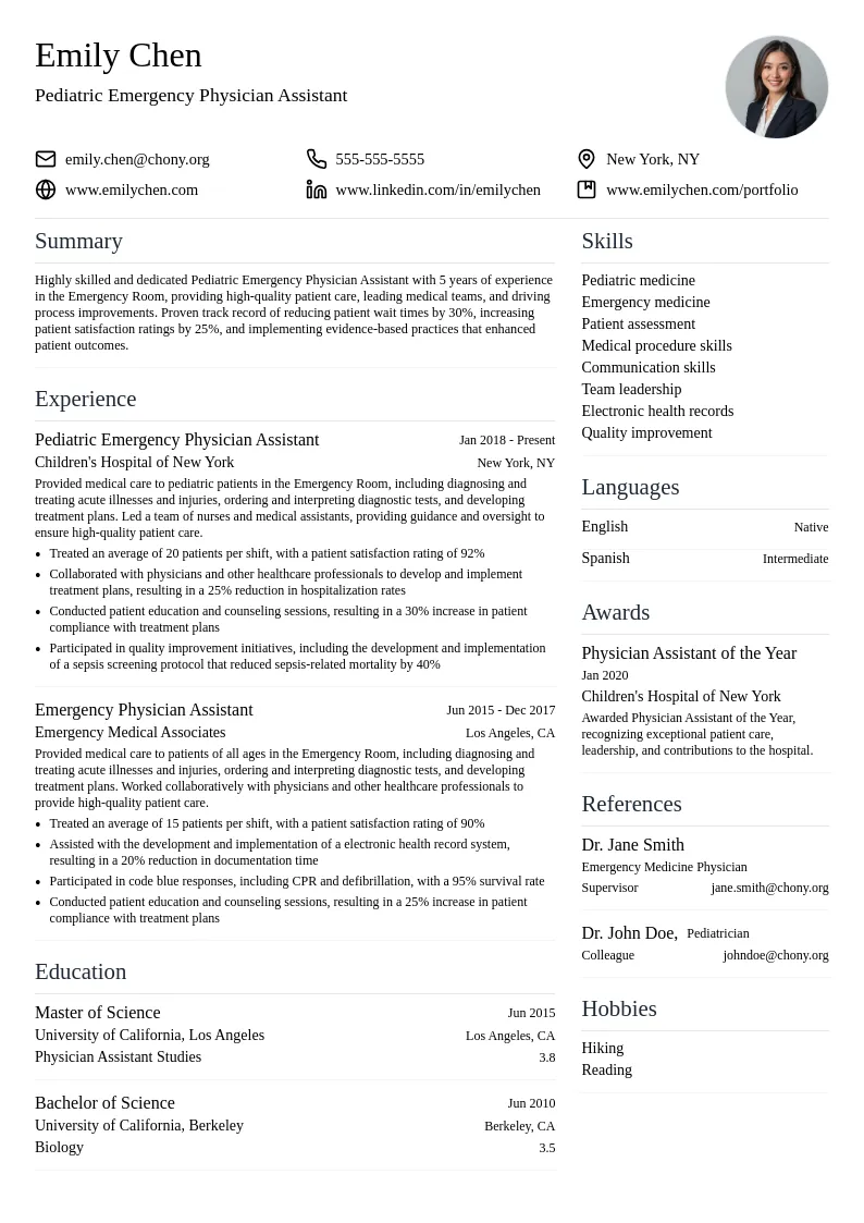 Pediatric Emergency Physician Assistant resume example