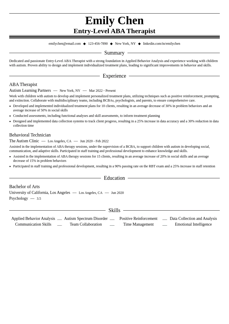 Entry-Level ABA Therapist resume example