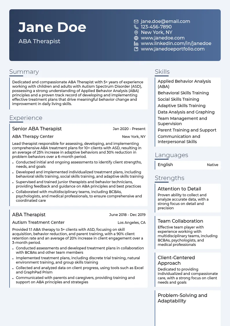 ABA Therapist resume example