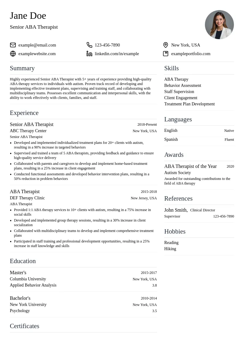 Senior ABA Therapist resume example