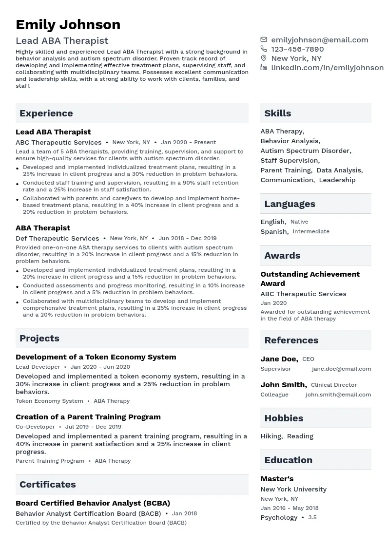 Lead ABA Therapist resume example