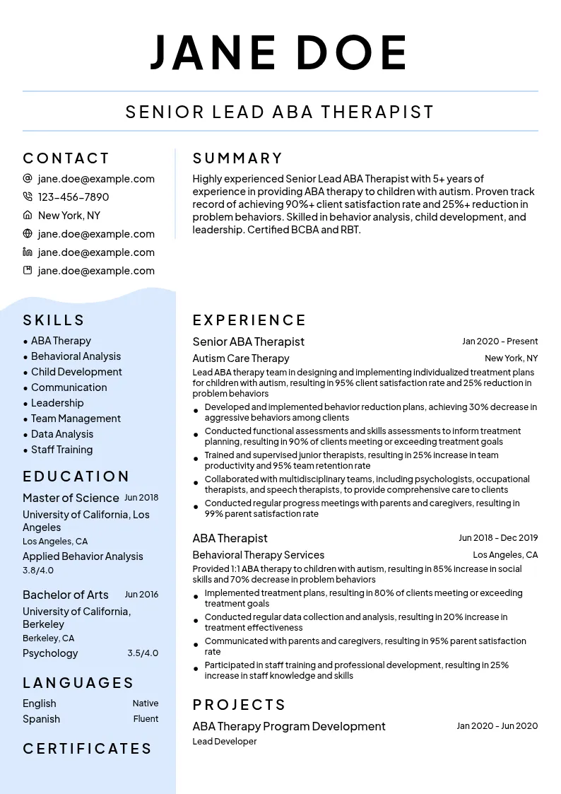 Senior Lead ABA Therapist resume example