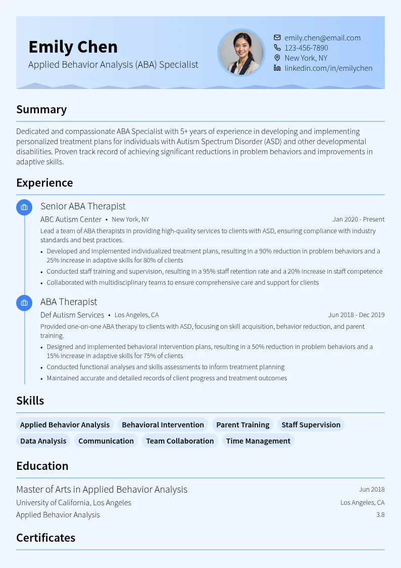 Applied Behavior Analysis (ABA) Specialist resume example
