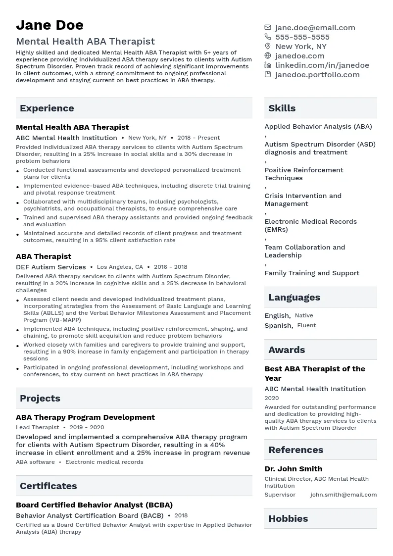 Mental Health ABA Therapist resume example