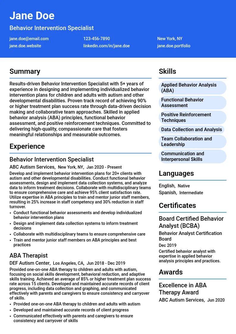 Behavior Intervention Specialist (BIS) resume example