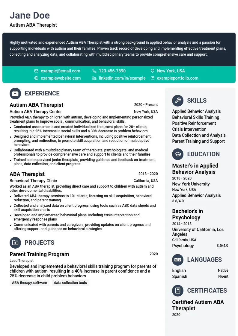 Autism ABA Therapist resume example