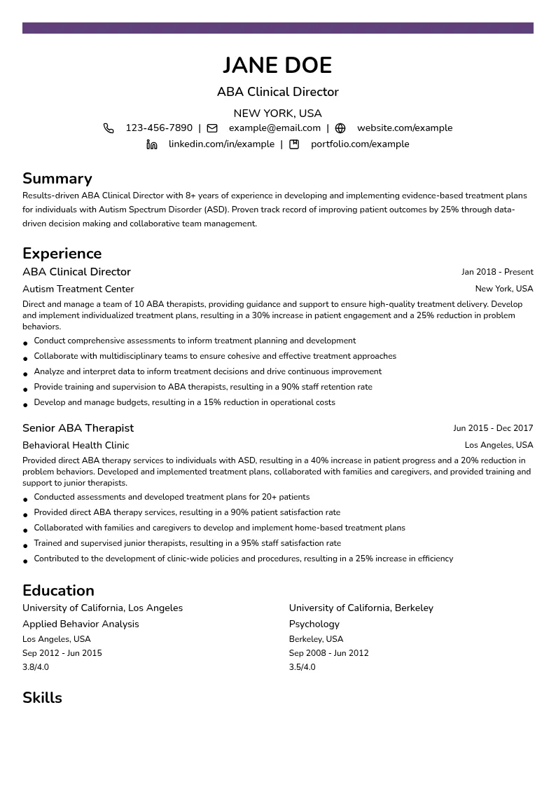ABA Clinical Director resume example