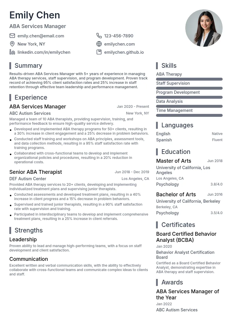 ABA Services Manager resume example