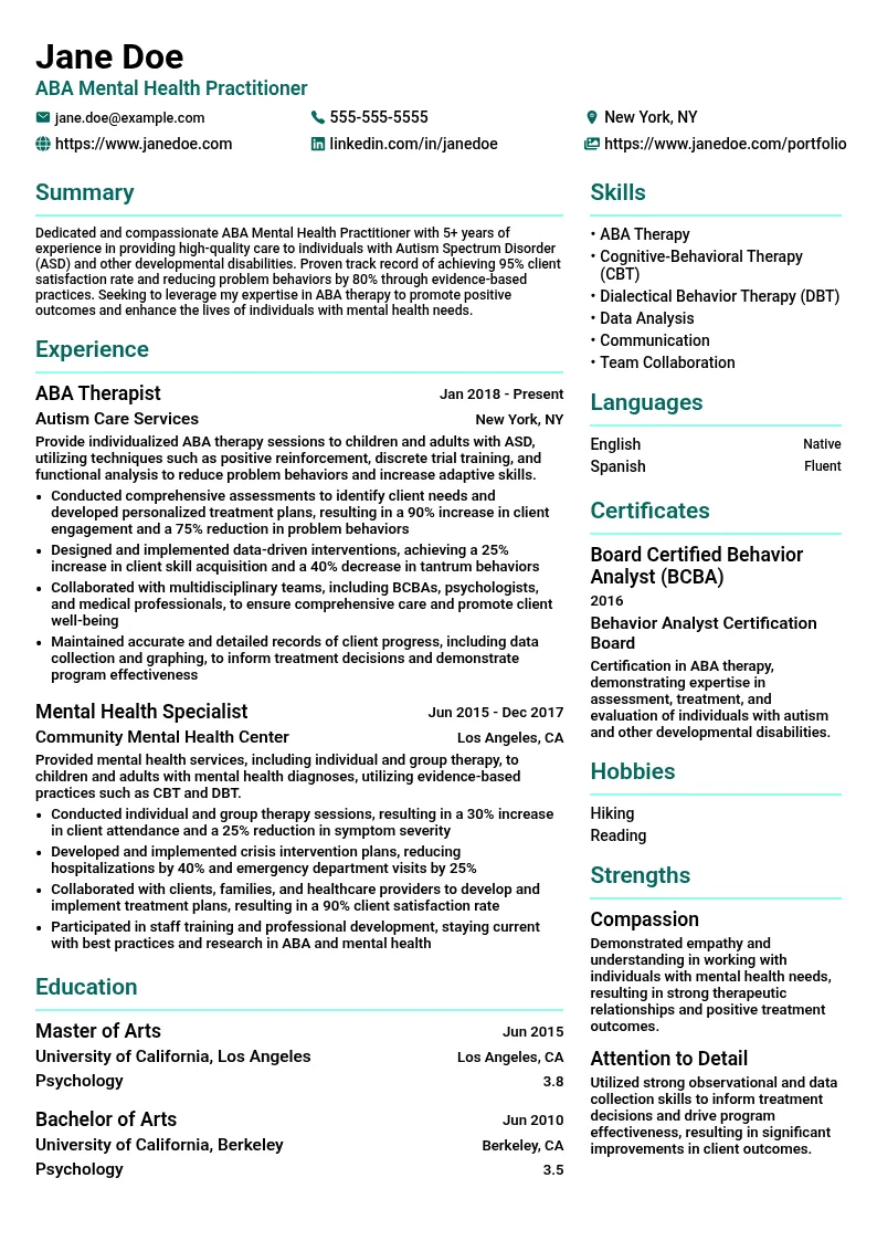 ABA Mental Health Practitioner resume example