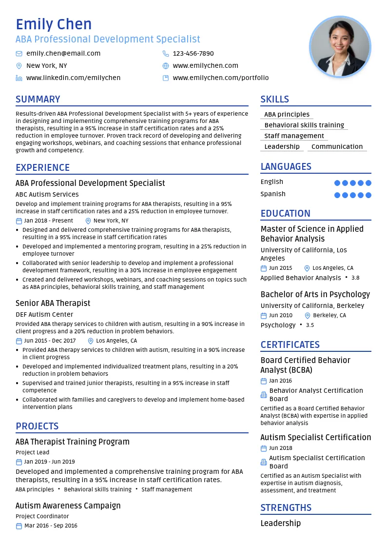 ABA Professional Development Specialist resume example