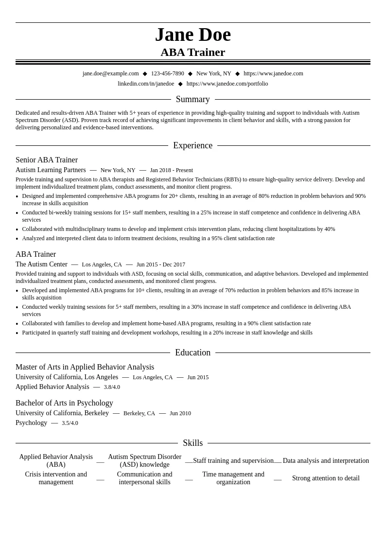 ABA Trainer resume example
