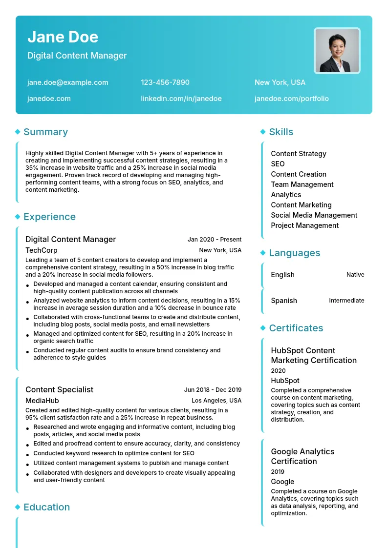Digital Content Manager resume example