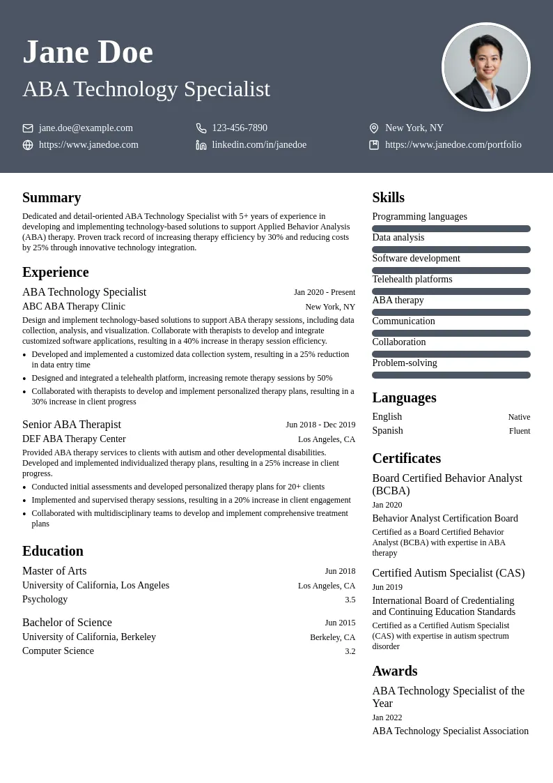ABA Technology Specialist resume example