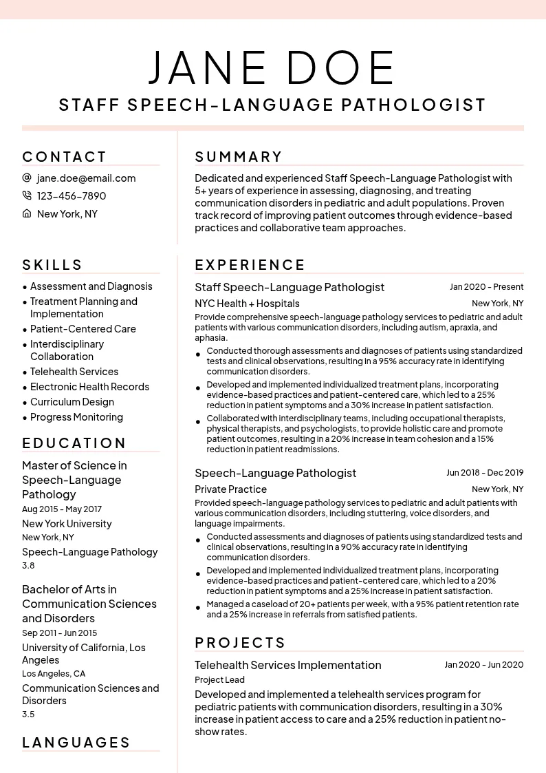Staff Speech-Language Pathologist resume example