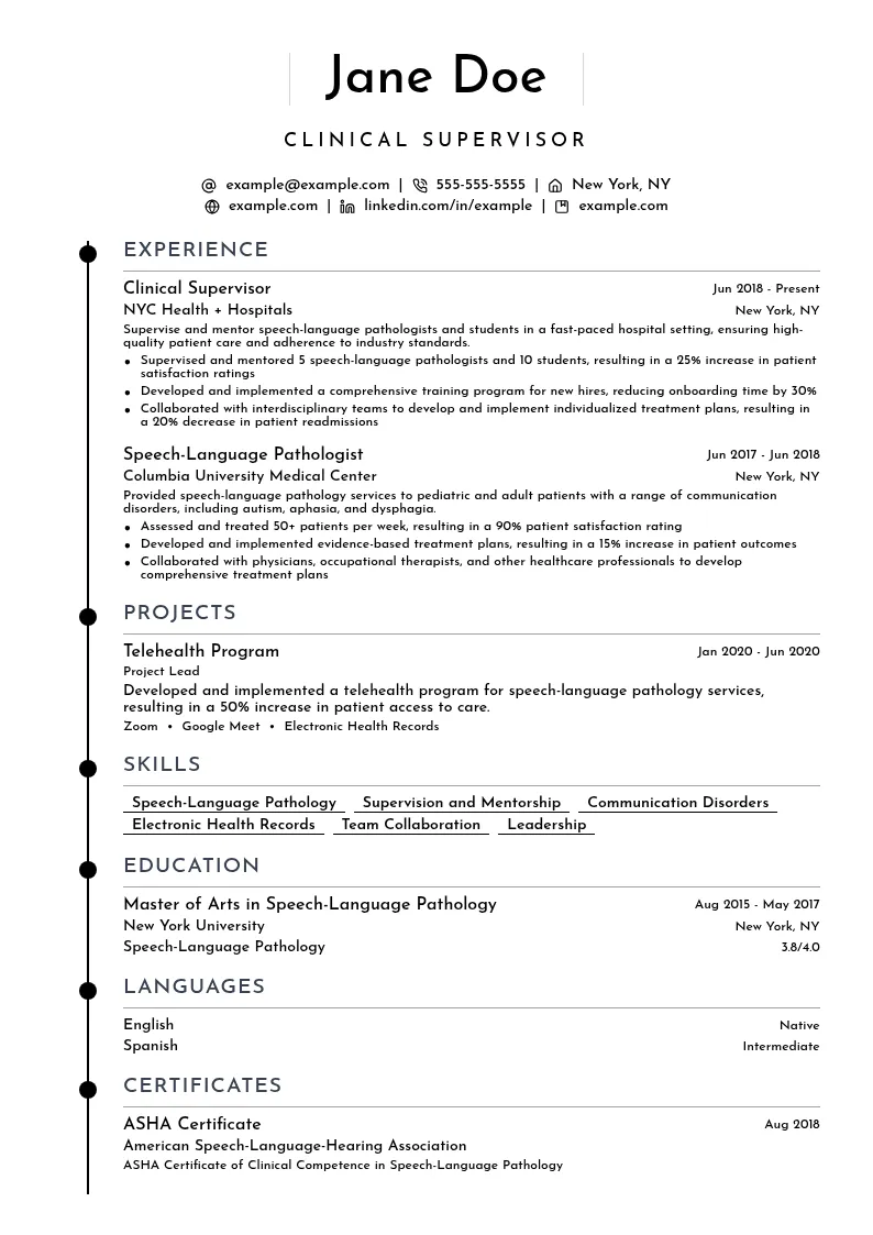 Clinical Supervisor resume example
