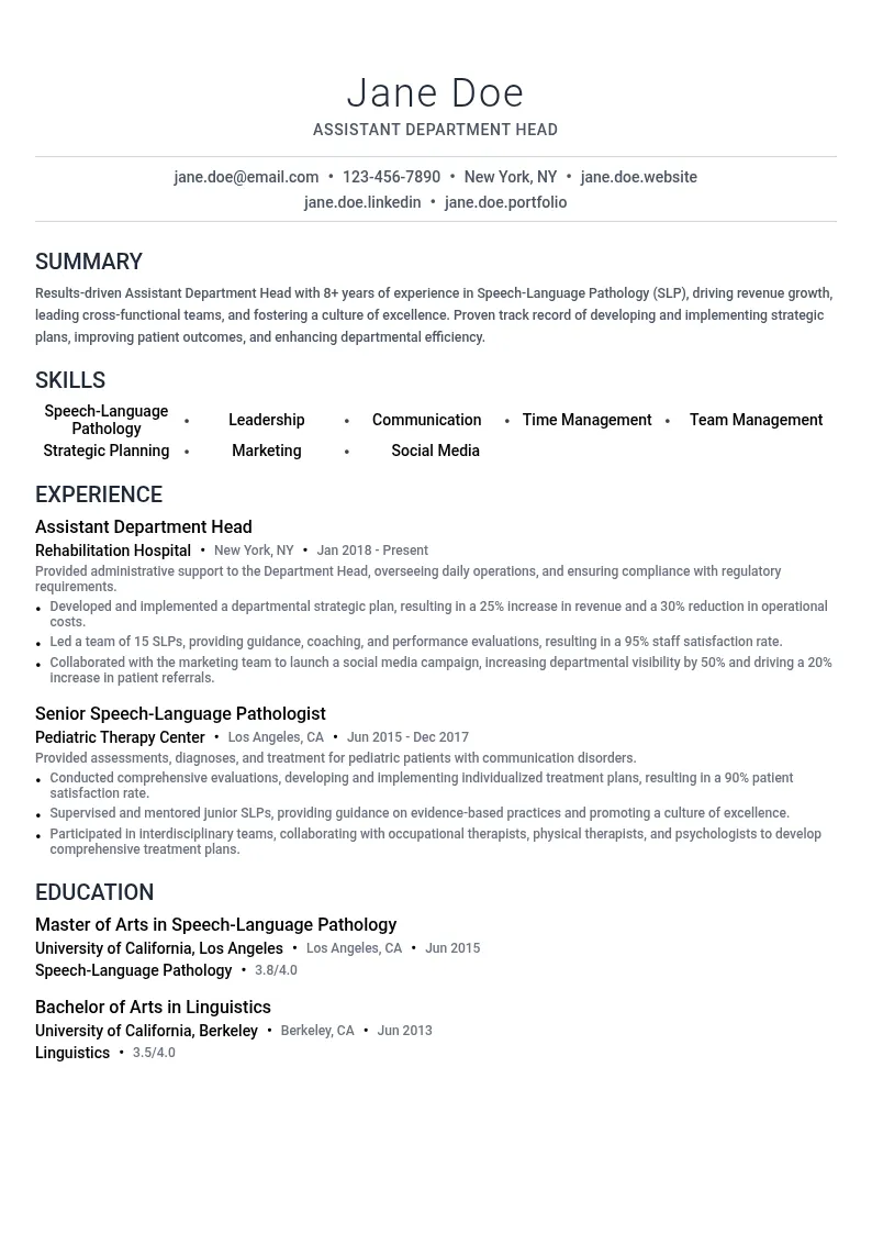 Assistant Department Head resume example