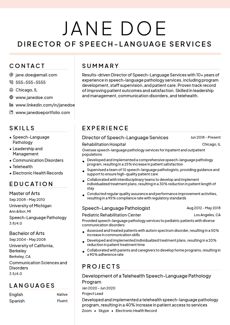Director of Speech-Language Services resume example