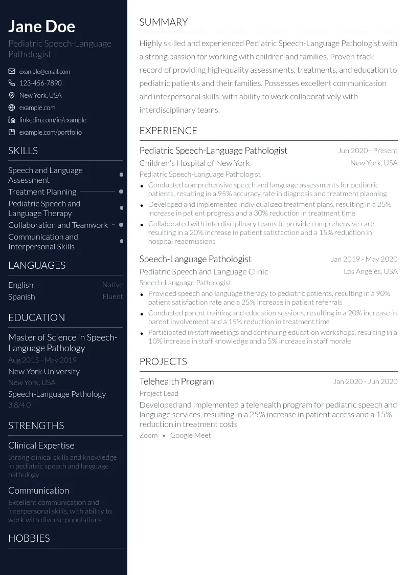 Pediatric Speech-Language Pathologist resume example