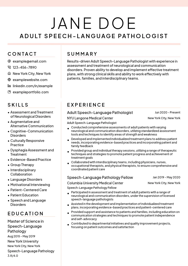 Adult Speech-Language Pathologist resume example