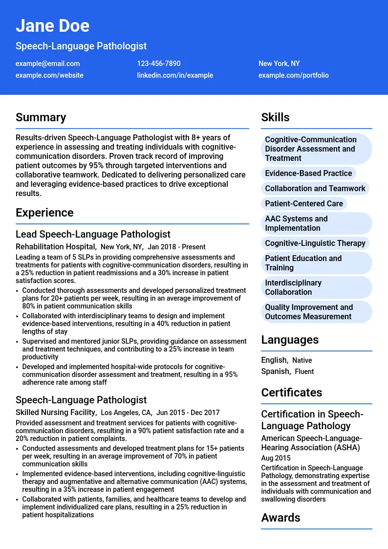 Cognitive-Communication Disorder Speech-Language Pathologist resume example