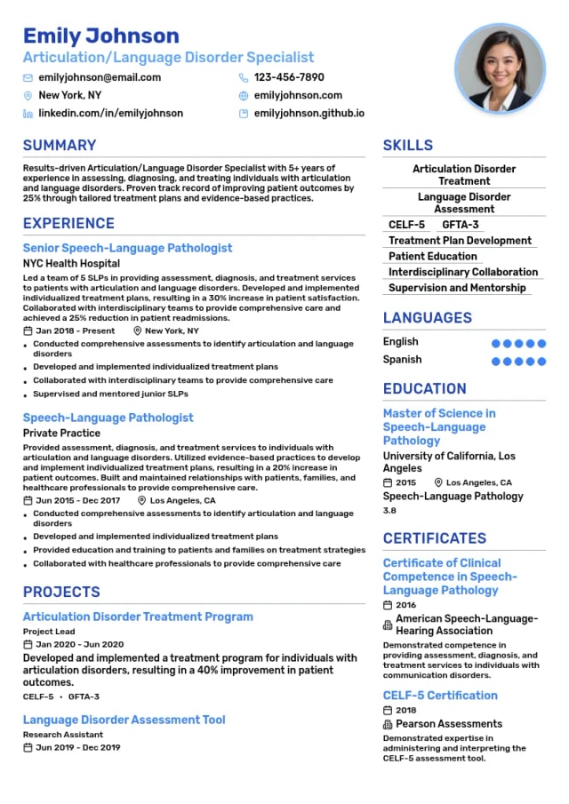 Articulation/Language Disorder Specialist resume example