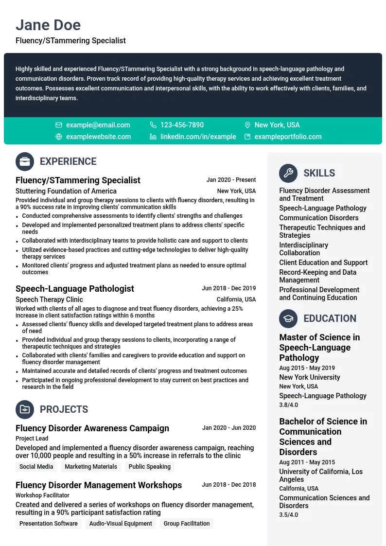 Fluency/STammering Specialist resume example