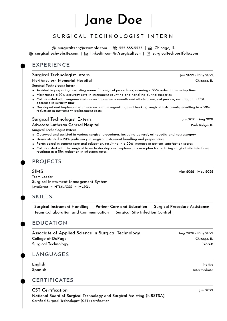 Surgical Technologist Intern resume example