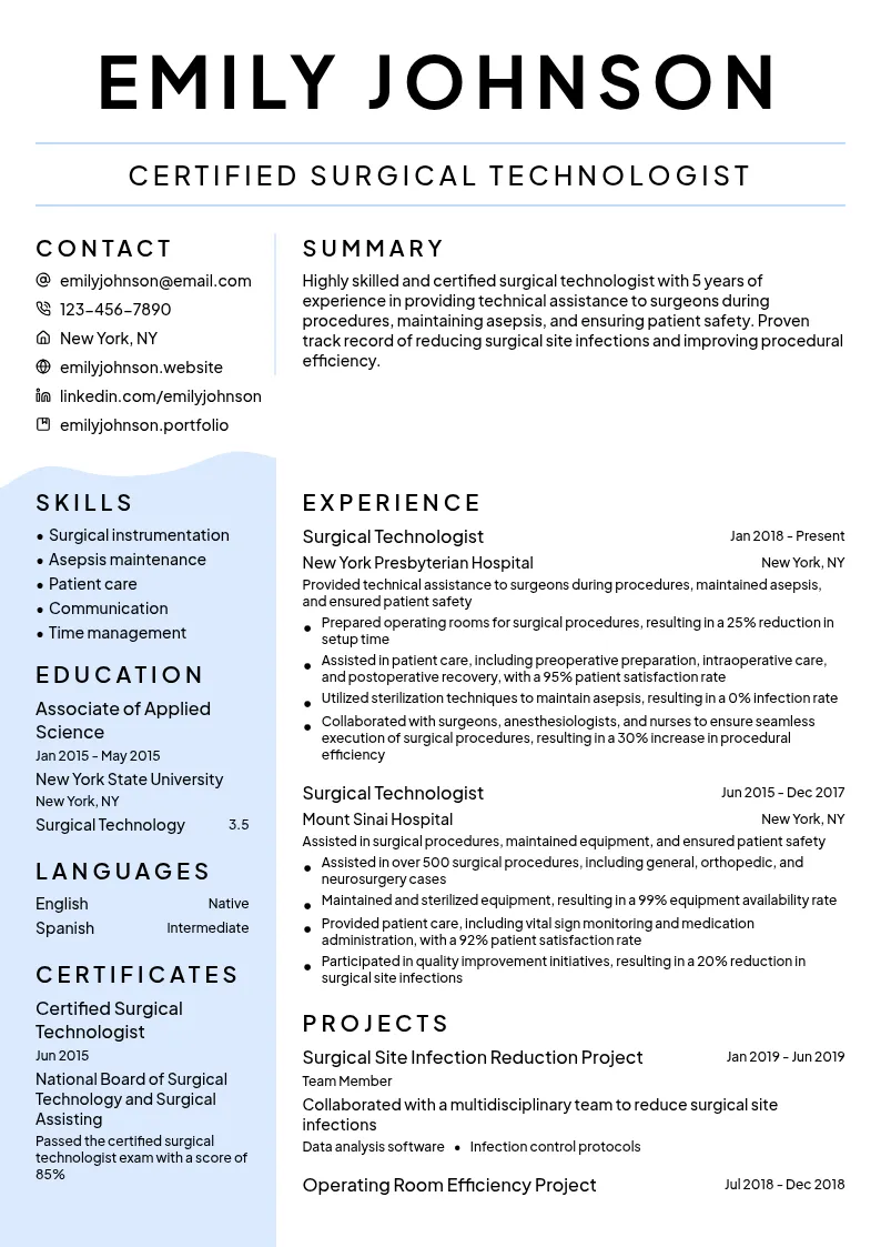 Surgical Technologist resume example