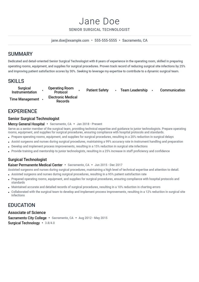 Senior Surgical Technologist resume example