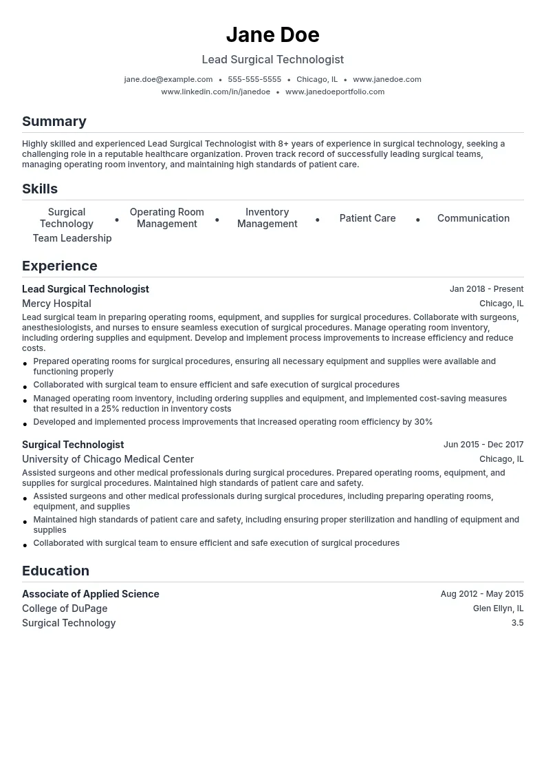 Lead Surgical Technologist resume example