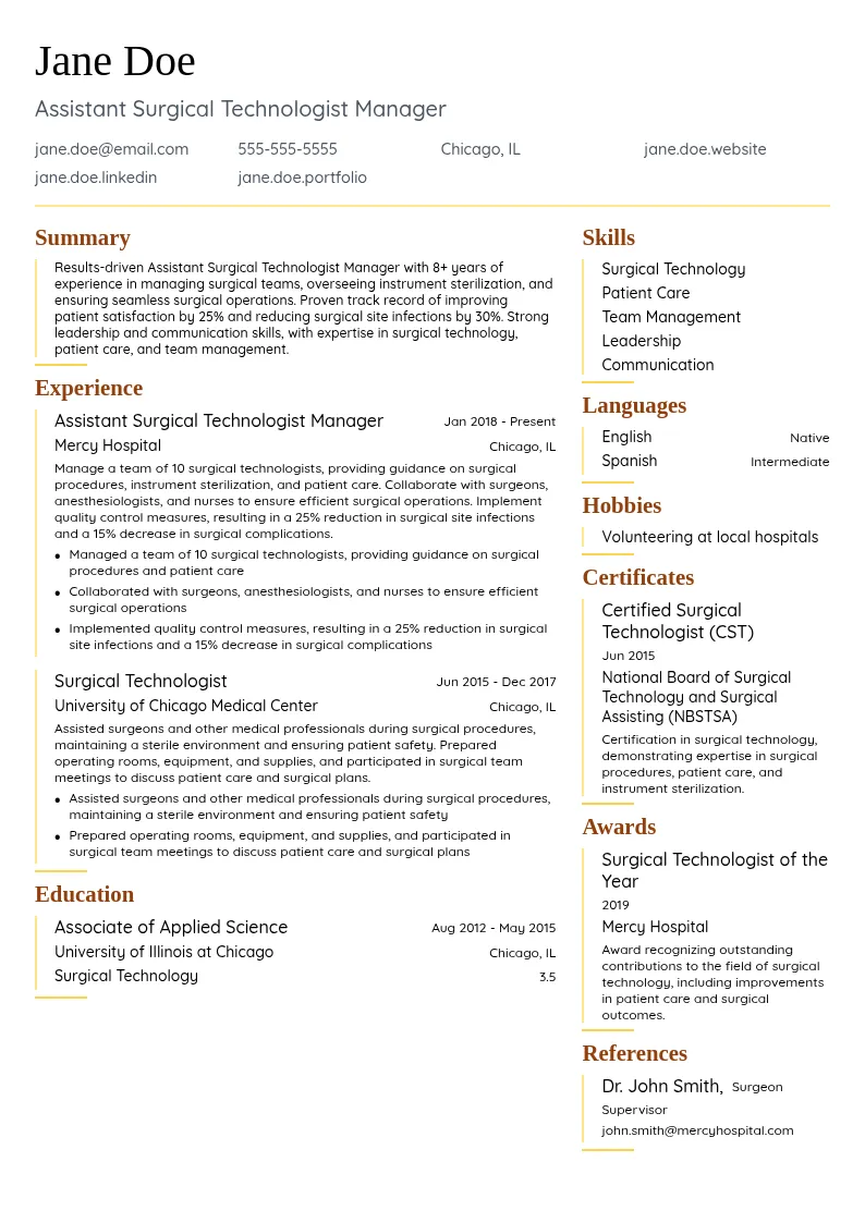 Assistant Surgical Technologist Manager resume example