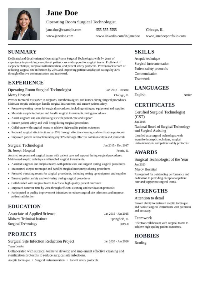 Operating Room Surgical Technologist resume example