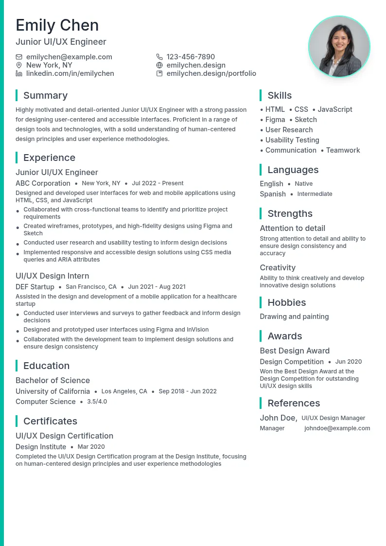 Junior UI/UX Engineer resume example